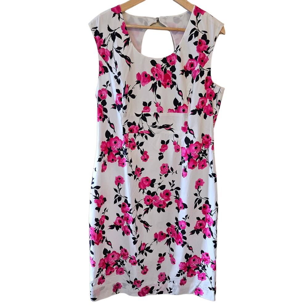 J. Peterman Sleeveless Sheath Dress Size 16 Pink Floral Cotton Summer Feminine